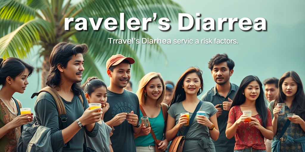 A diverse group of travelers enjoys street food in a tropical setting, showcasing joy mixed with caution about potential risks.3.png