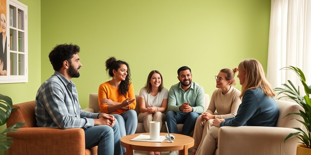 A diverse group participates in a supportive therapy session, discussing treatments in a warm, inviting room filled with hope.  4.png