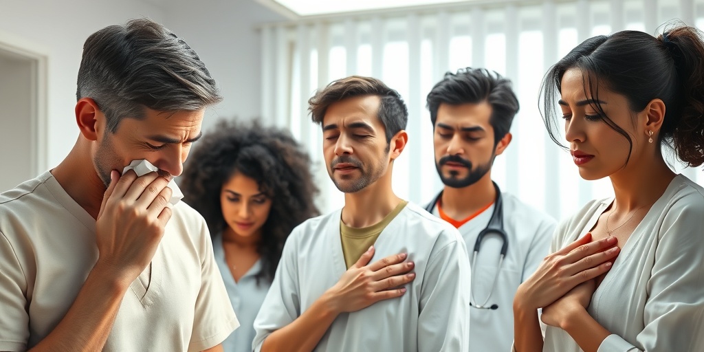 A diverse group shows TB symptoms in a well-lit room, with expressions of concern and a clinical color palette. 2.png