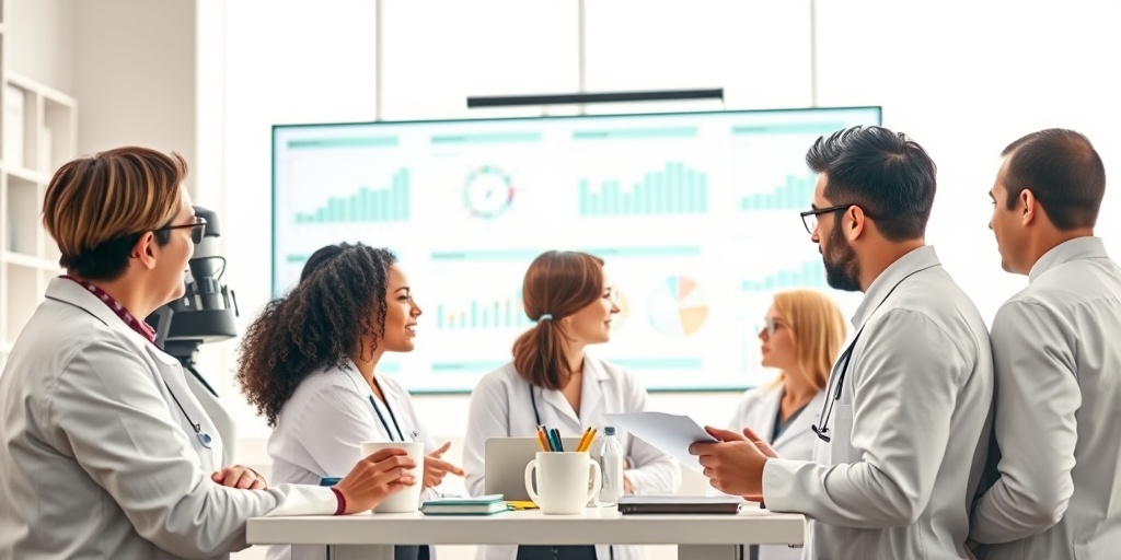 A diverse research team discussing lissencephaly studies, surrounded by charts and data, bright lighting emphasizes collaboration and innovation.4.png