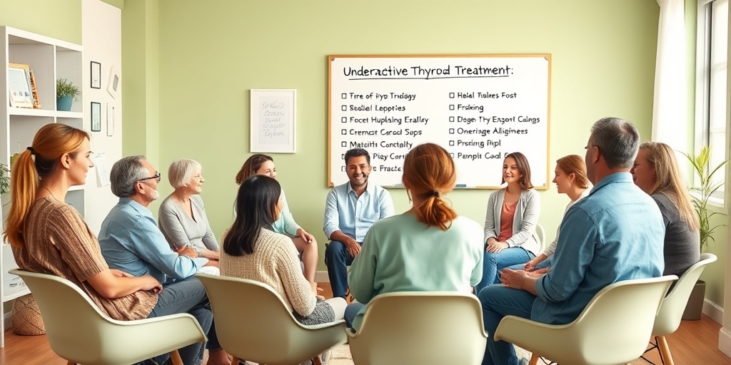 A diverse support group shares experiences about underactive thyroid treatment options in a bright, welcoming environment.4.png