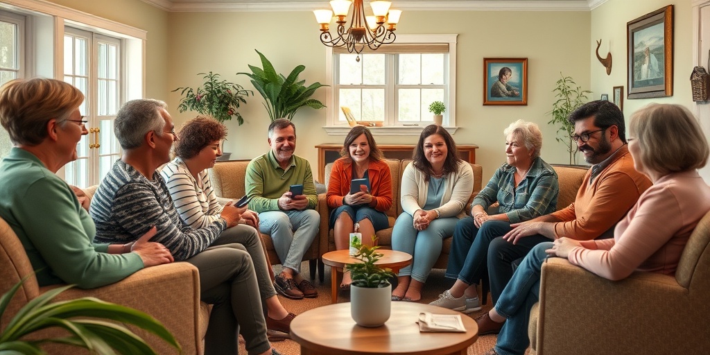 A diverse support group shares experiences in a cozy community center, fostering hope and connection.5.png