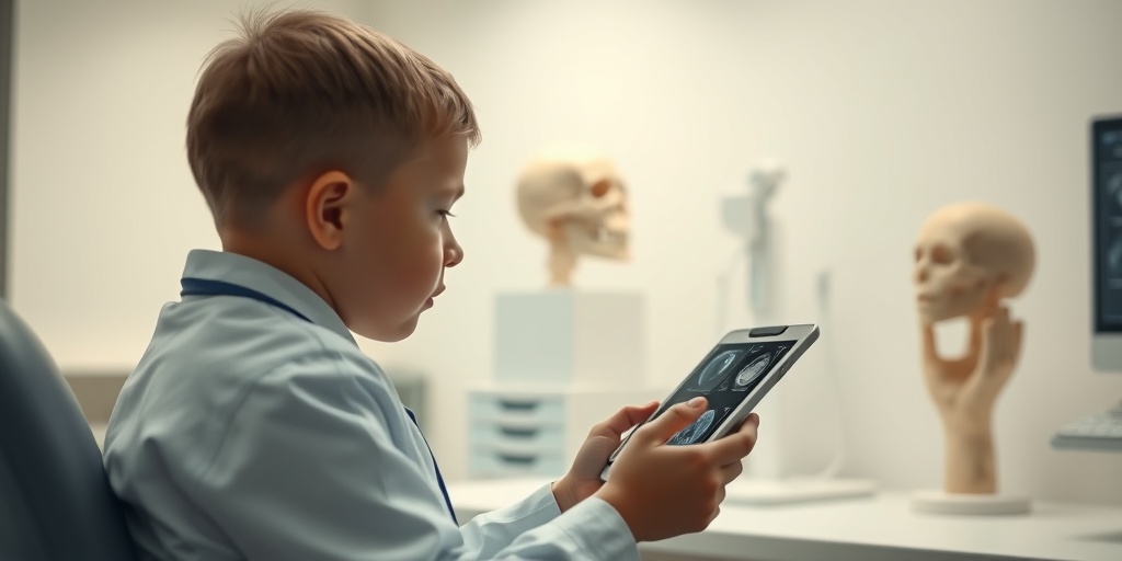 A doctor examines a child in a modern clinic, reviewing diagnostic images with anatomical models in the background.  3.png