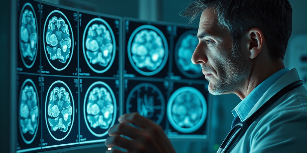 A doctor examining MRI scans of a lissencephaly-affected brain, advanced technology in a clinical setting, focused expression illuminated by soft lighting.3.png