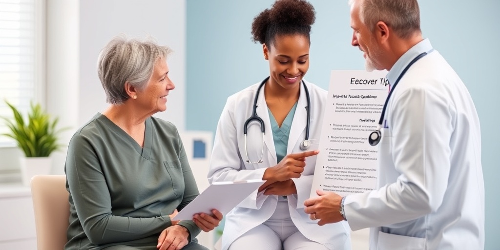 A doctor's office scene where a physician discusses recovery tips with a patient, emphasizing supportive care and communication.5.png