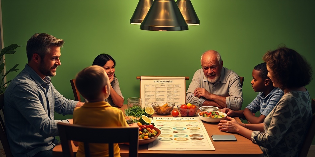 A family discusses diabetes management strategies at a dining table filled with healthy foods, fostering a supportive atmosphere.  4.png