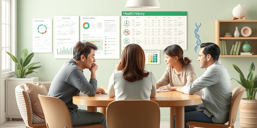 A family discusses health history at a table, creating a warm atmosphere with medical charts in the background.  3.png
