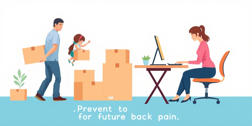 A family engages in healthy habits, demonstrating proper lifting and ergonomic sitting to prevent future back pain in a warm setting. 5.png