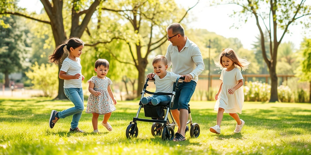 A family enjoys a sunny park day, with a child using adaptive tools, illustrating normalcy amidst MPS I challenges.  4.png