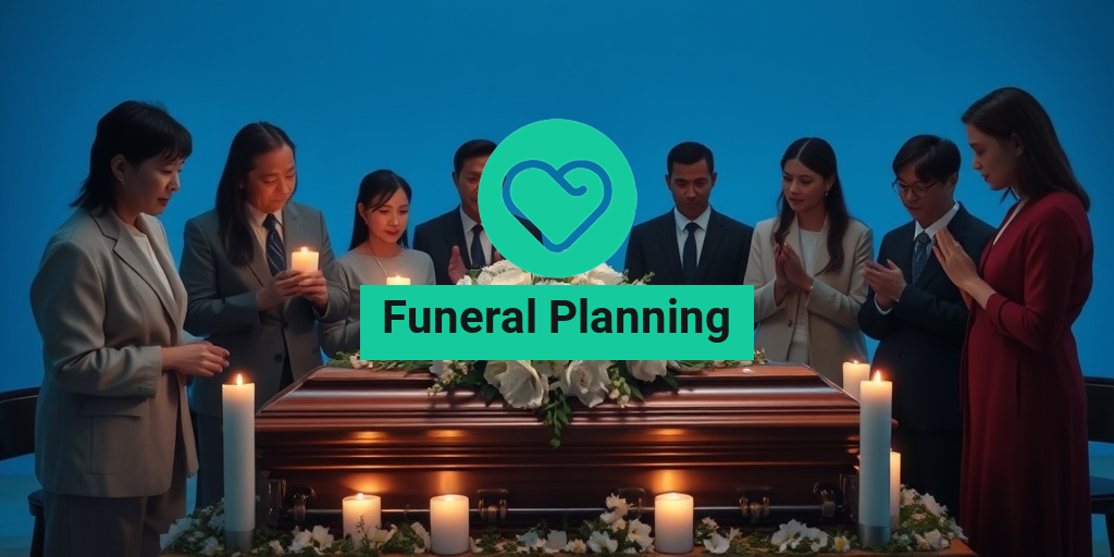 A family gathers around a wooden casket adorned with white flowers, expressing love and remembrance in a serene setting. โข Yesil Health AI