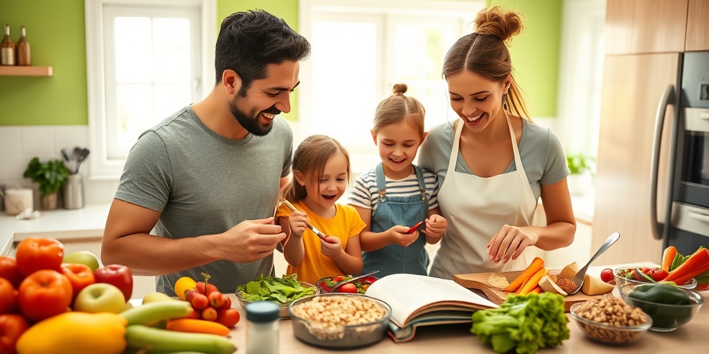 A family happily cooking a healthy meal together in a bright kitchen, promoting teamwork and healthy eating habits.  5.png