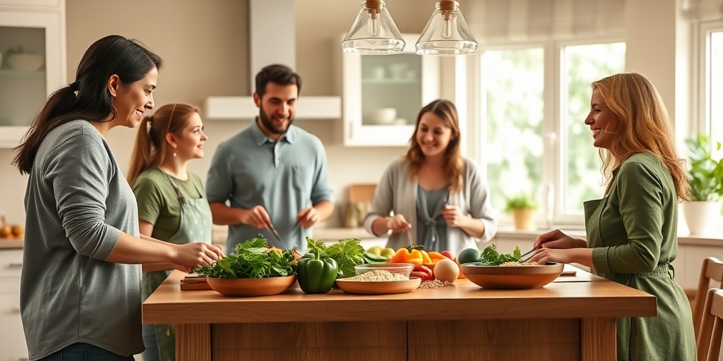 A family joyfully prepares a healthy meal together in a bright kitchen, highlighting the importance of cooking and eating as a unit.  3.png