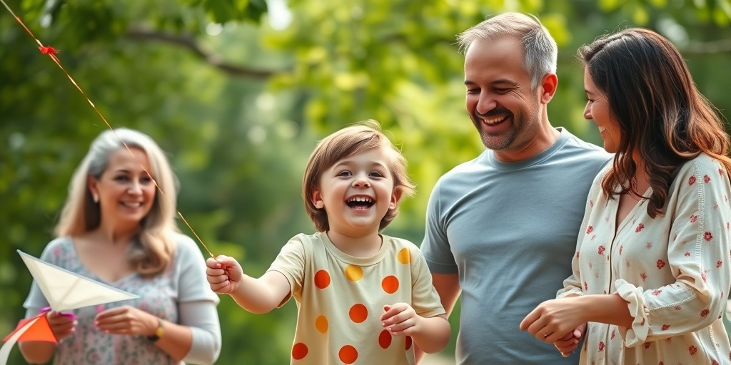 A family joyfully supports a child with neurofibromatosis while flying kites in a lush park, radiating warmth and love.  5.png