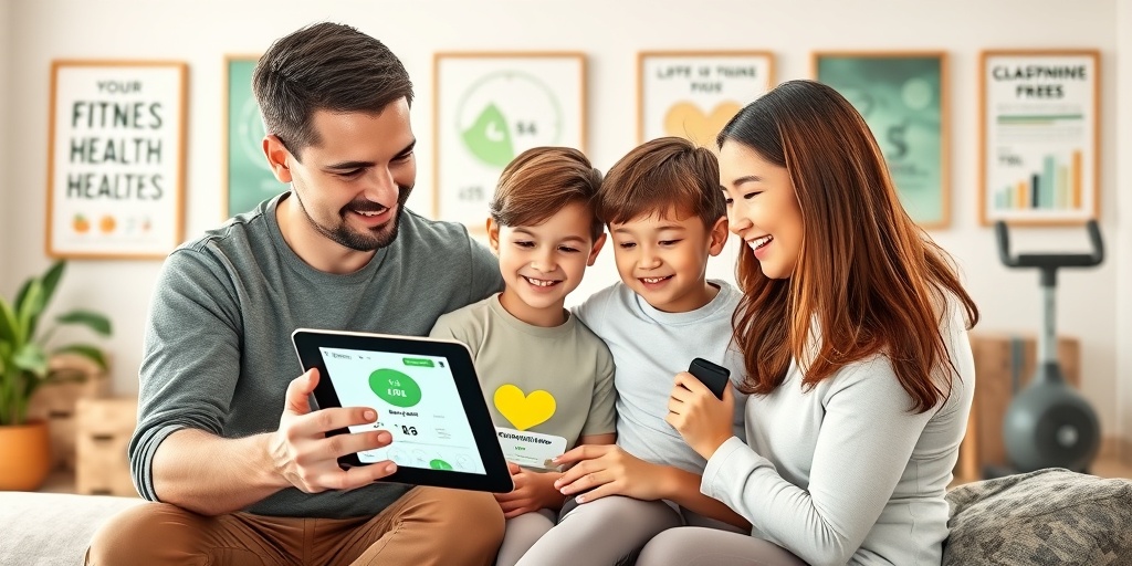 A family monitors their fitness progress on a tablet, surrounded by motivational decor in a modern living space.  5.png