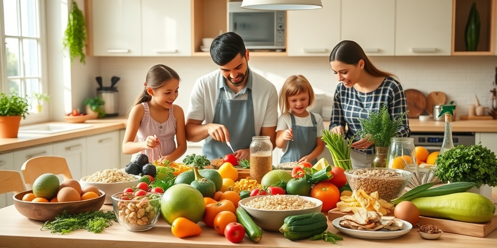 A family of four happily preparing a colorful meal together in a bright kitchen, emphasizing healthy eating habits.  2.png