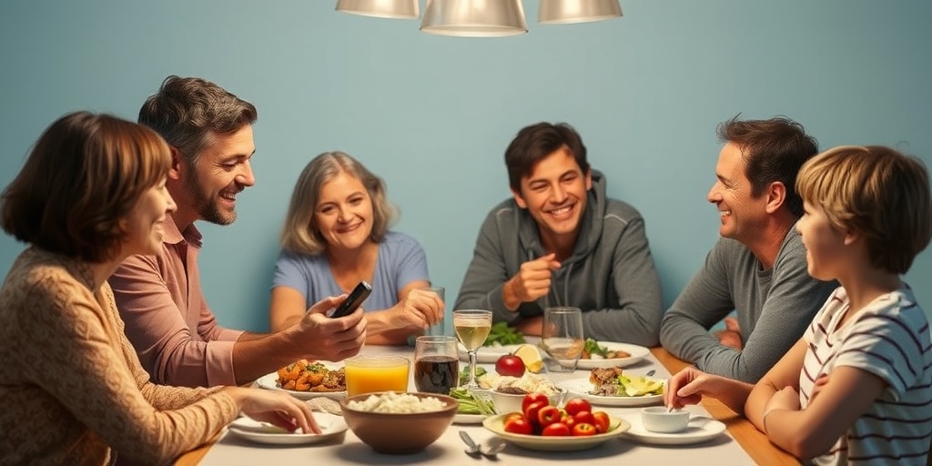 A family shares a meal at a dinner table, filled with healthy dishes, laughter, and support for managing Type 1 Diabetes.  5.png
