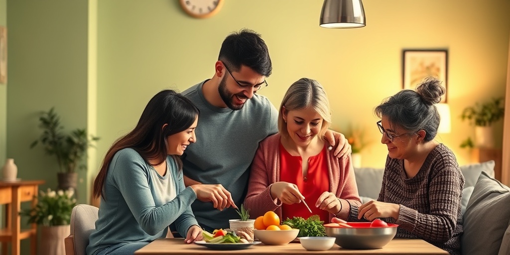 A family shares a warm moment at home, cooking healthy meals together to support a loved one with a blood disorder.  4.png