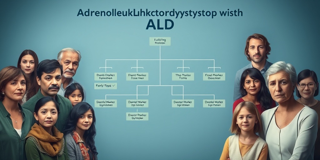 A family tree diagram illustrates genetic markers and environmental influences related to Adrenoleukodystrophy (ALD).  3.png
