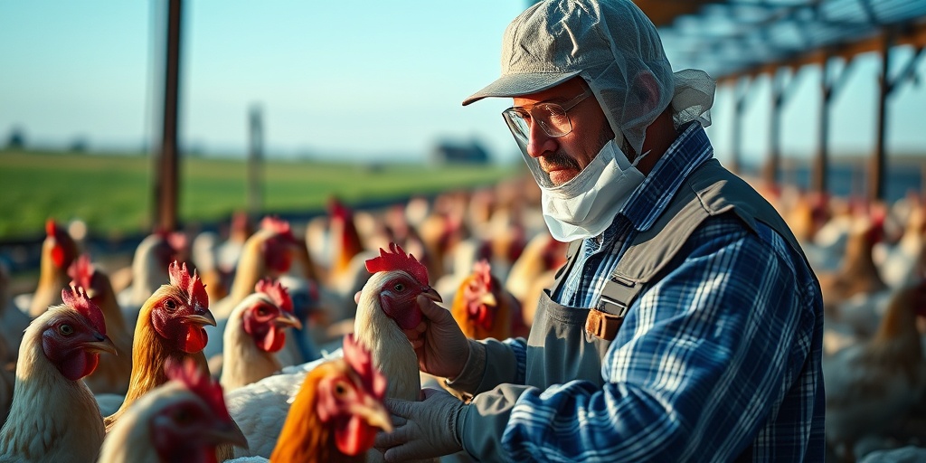 A farmer in protective gear interacting with poultry, emphasizing biosecurity measures against Bird Flu in an agricultural setting.  3.png