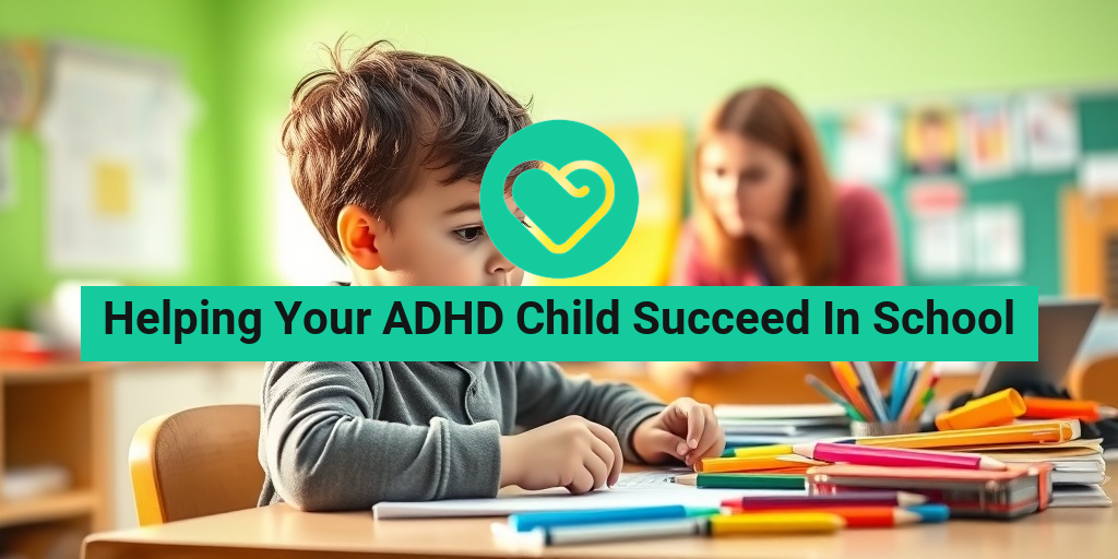 A focused child with ADHD engages in hands-on learning at a bright, cluttered desk, surrounded by colorful materials. • Yesil Health AI