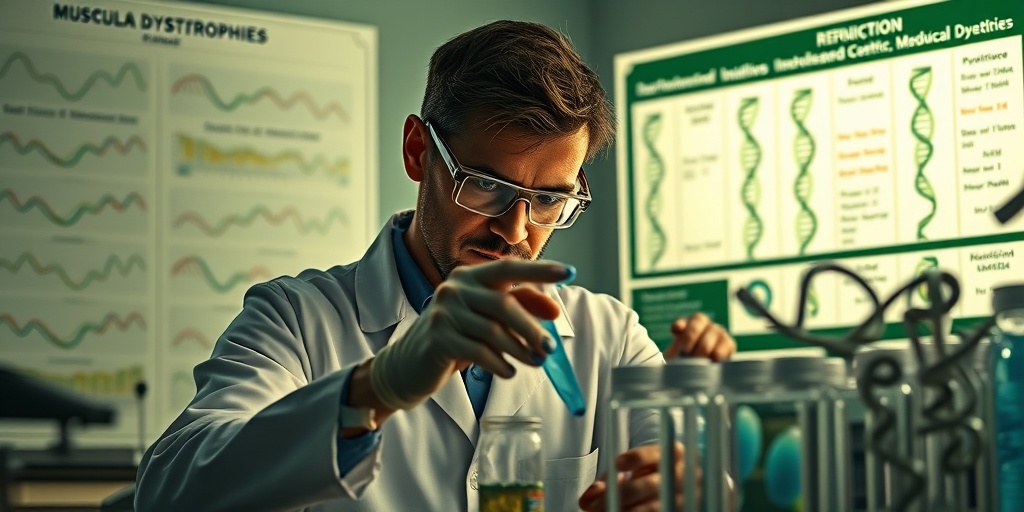 A geneticist analyzes DNA samples in a lab, with charts illustrating genetic mutations, emphasizing the seriousness of muscular dystrophy research.  3.png