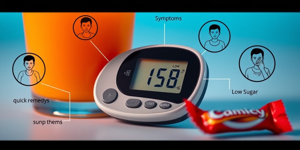 A glucometer shows a low reading, with orange juice and candy nearby, emphasizing the urgency of low blood sugar awareness.  2.png