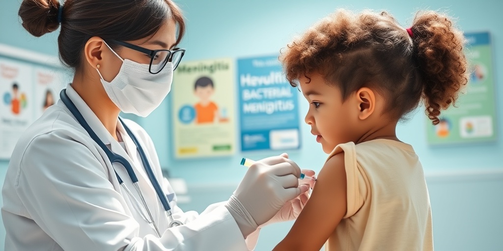 A healthcare professional administering a vaccine to a child in a bright clinic, promoting meningitis prevention.  5.png