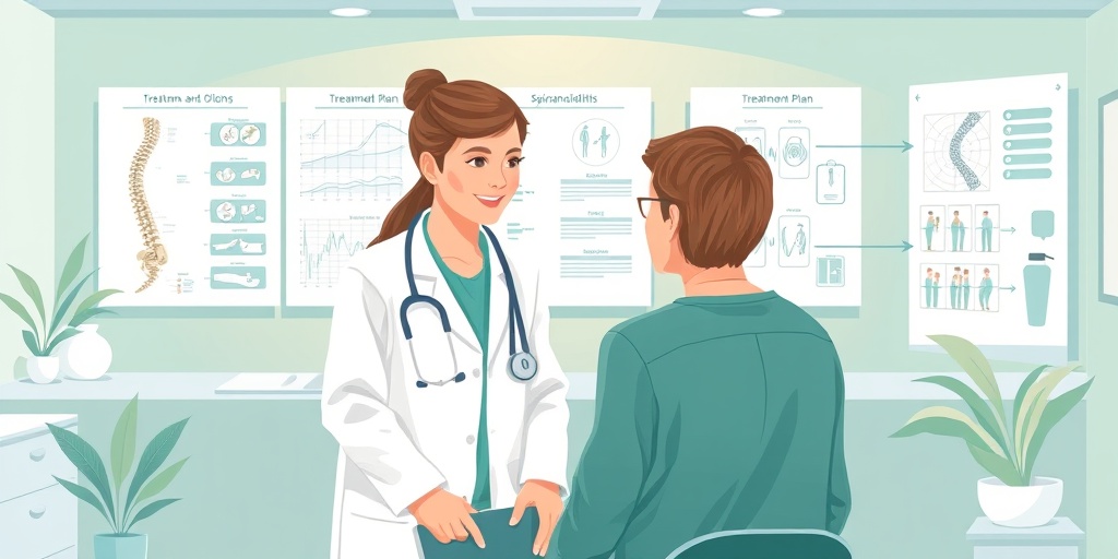A healthcare professional compassionately discusses treatment options with a patient in a modern clinic, surrounded by calming colors.4.png