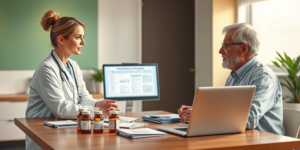 A healthcare professional discusses treatment options with a patient, surrounded by medication and warm, inviting clinic lighting.  4.png