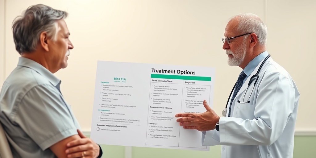 A healthcare professional discussing Bird Flu treatment options with a patient, creating a reassuring and professional clinical atmosphere.  4.png