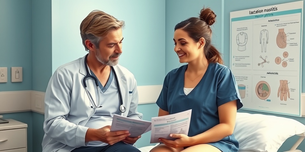 A healthcare professional discussing treatment options for lactation mastitis with a mother, highlighting hope in a clinical environment.  4.png