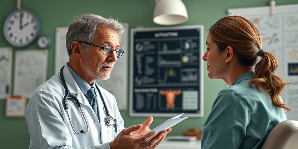 A healthcare professional empathetically consults a patient, illustrating health conditions with visual aids in a clinical setting.3.png