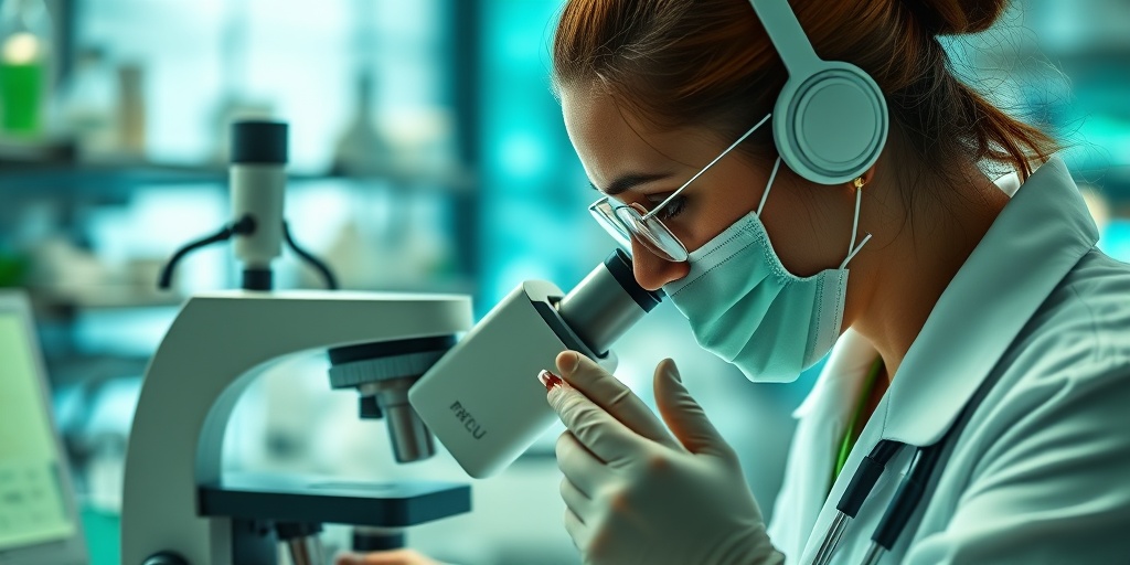 A healthcare professional examines a blood sample under a microscope in a modern laboratory.3.png