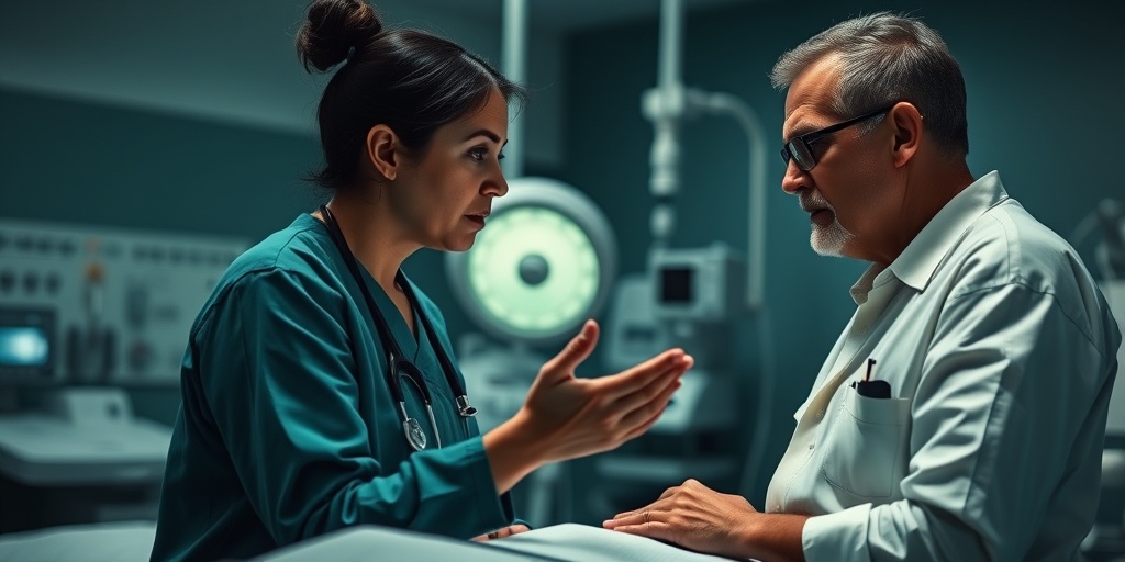 A healthcare professional explains treatment options to a parent in a hospital, capturing the emotional weight of the moment.  4.png