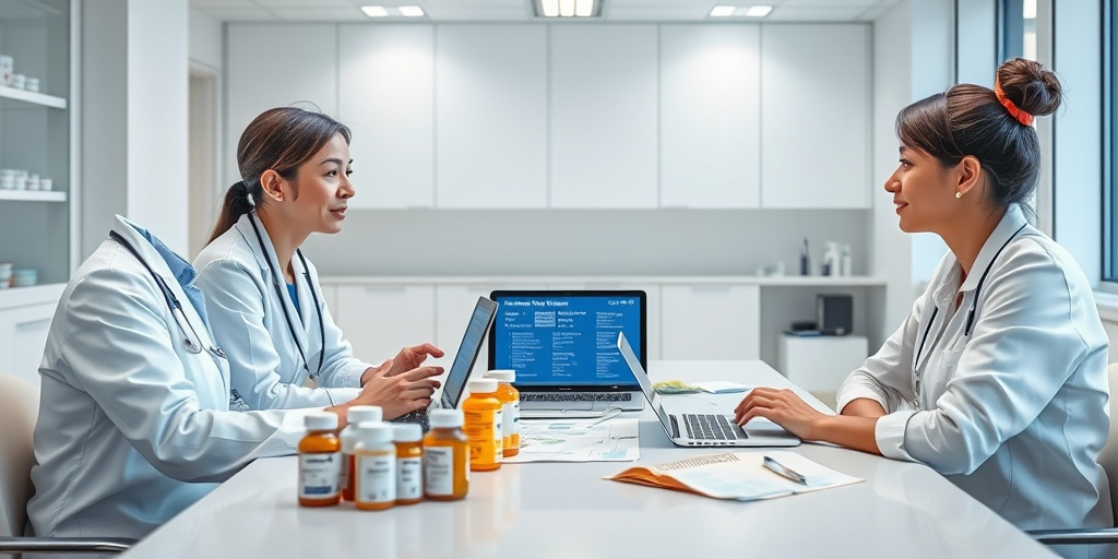 A healthcare professional reviews treatment options with a patient, surrounded by medication and dietary guides in a modern clinic.  4.png