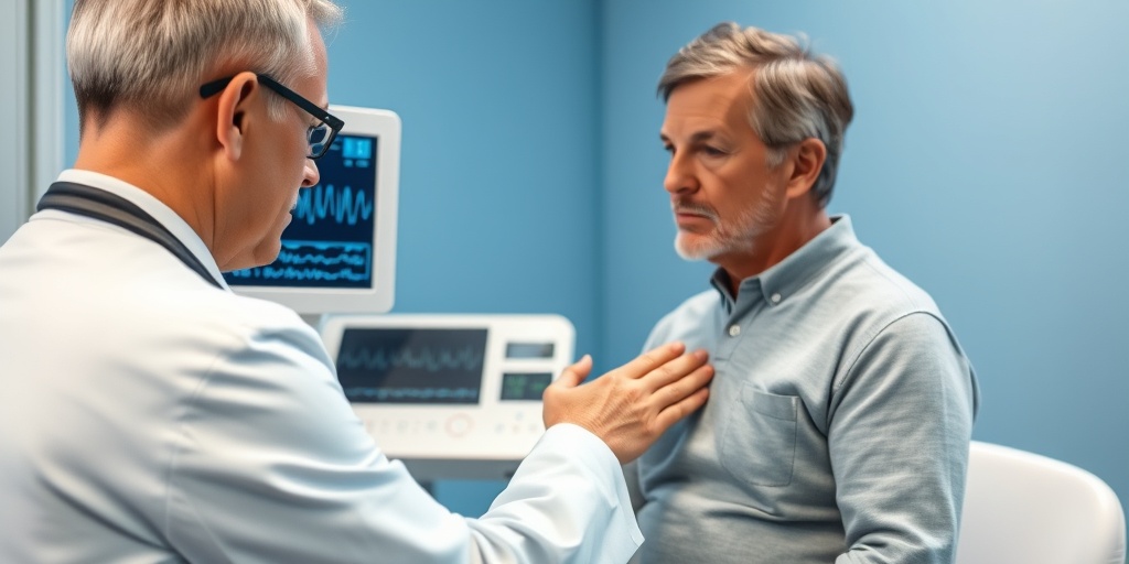 A healthcare professional uses an ECG machine to diagnose Supraventricular Tachycardia, with a patient attentively engaged in a modern clinic.  4.png