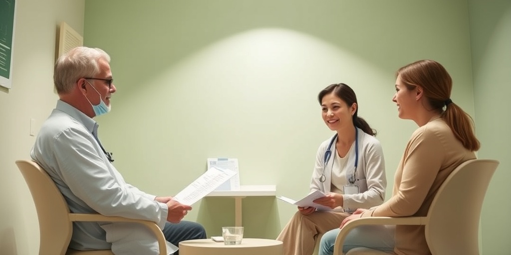 A healthcare provider compassionately discusses muscular dystrophy treatment options with a patient and family in a calming consultation room.5.png