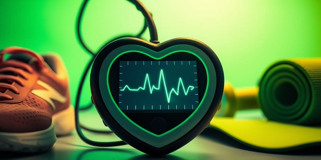 A heart monitor displays a healthy heartbeat, surrounded by exercise gear, emphasizing the link between fitness and heart health. 2.png