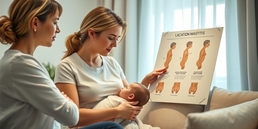 A lactation consultant guiding a mother with a chart on mastitis symptoms, emphasizing support and education in a cozy room.  2.png