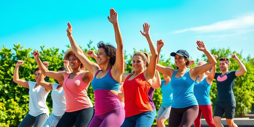 A lively community fitness class outdoors captures energy and camaraderie, promoting the health benefits of exercise amidst lush greenery.5.png