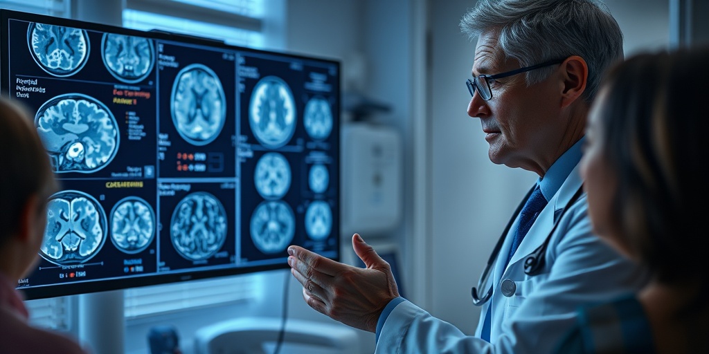 A medical professional examines MRI scans, discussing Dysmyelogenic symptoms with a family in a modern, empathetic setting.  2.png
