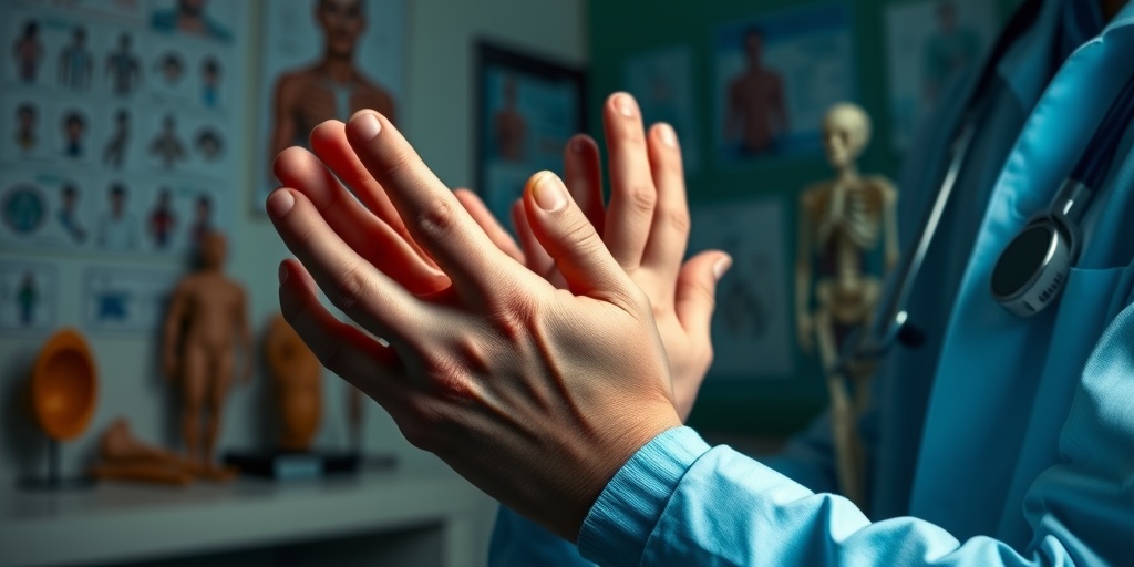 A medical professional examines a child's hands, highlighting joint stiffness in a clinical setting with dramatic lighting.  2.png