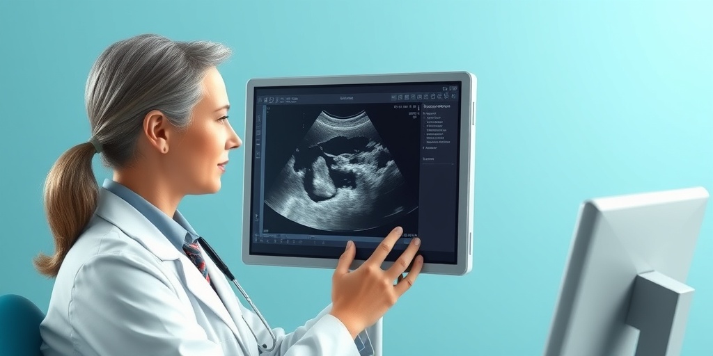 A medical professional examining an ultrasound image of cystic hygroma, showcasing focused care in a clinical blue environment.  3.png