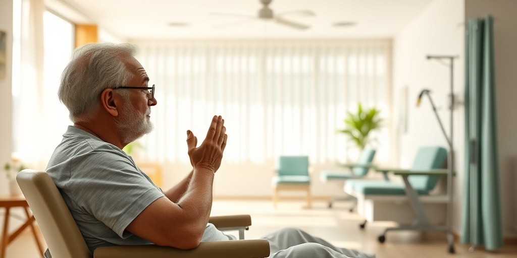 A middle-aged individual performing physical therapy exercises in a bright rehabilitation space, symbolizing hope and recovery from Chikungunya's long-term effects. 5.png