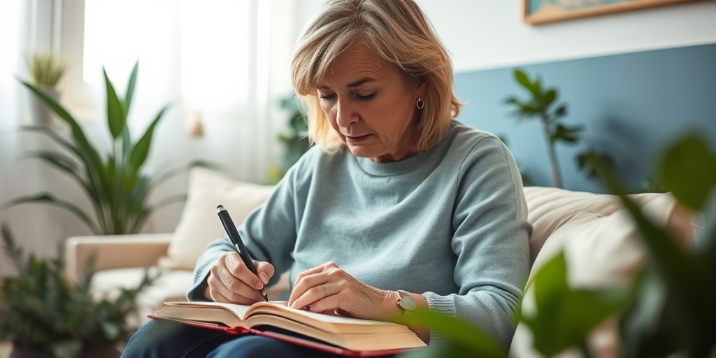 A middle-aged woman journals thoughtfully in a cozy room, surrounded by plants, reflecting tranquility and self-awareness.  2.png