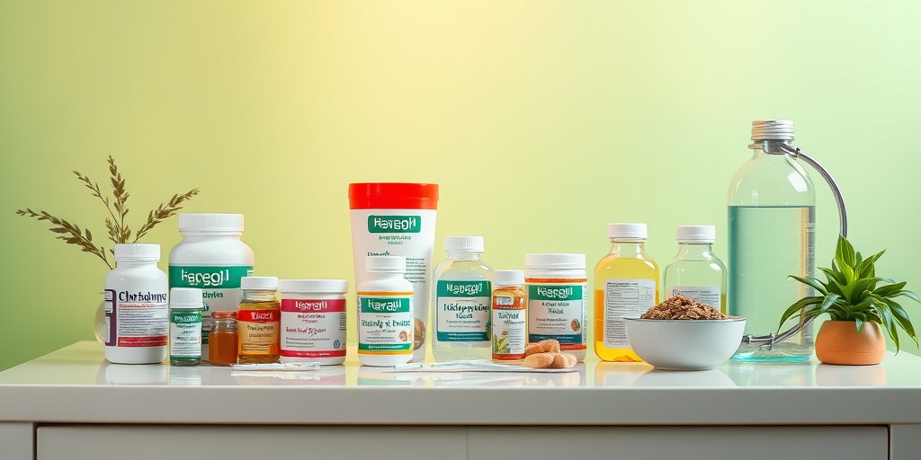 A modern medical table displaying various Chikungunya treatment options, including medications and herbal remedies, in a soothing green atmosphere. 4.png