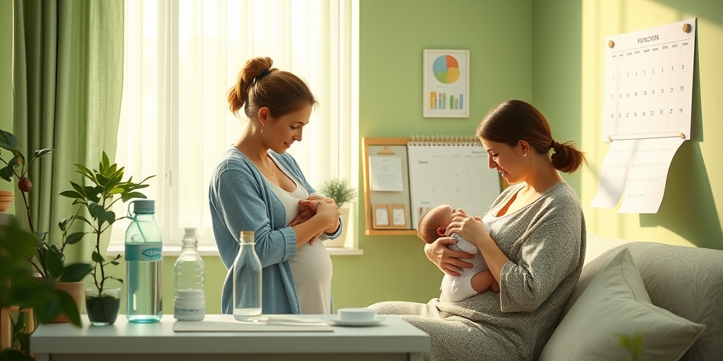 A mother practicing prevention tips for lactation mastitis in a tranquil home, featuring a breastfeeding station and hydration reminders.  5.png