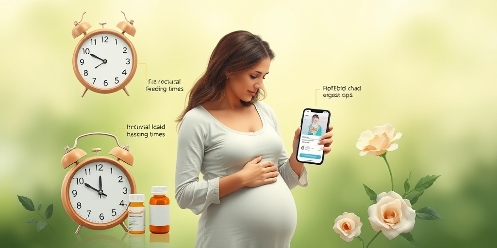 A mother surrounded by risk factors for lactation mastitis, including a clock and medication, in a serene green and white setting.  3.png
