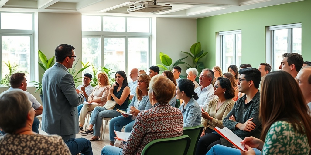 A motivational seminar features a health expert engaging a diverse audience, fostering community and shared goals for weight management success.  5.png