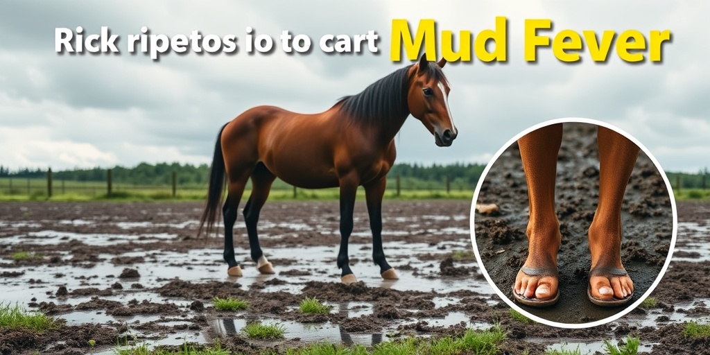 A muddy paddock scene with a horse at risk for Mud Fever, emphasizing environmental factors and early symptoms.3.png